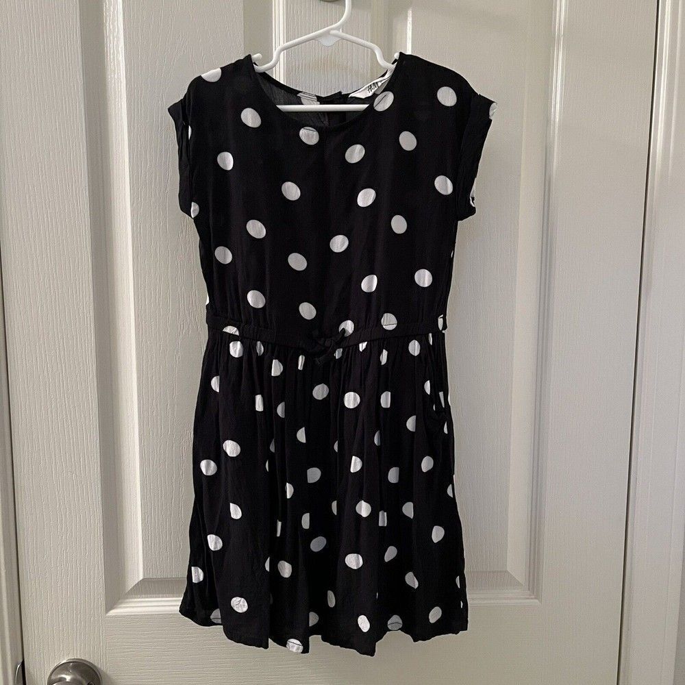 H&M Black with White Polka Dots Dress Pockets Girls Size 5-6 years